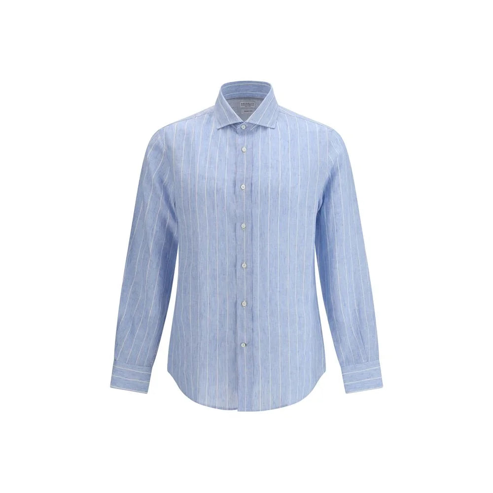 Brunello Cucinelli Blue Linen Pattern Shirt