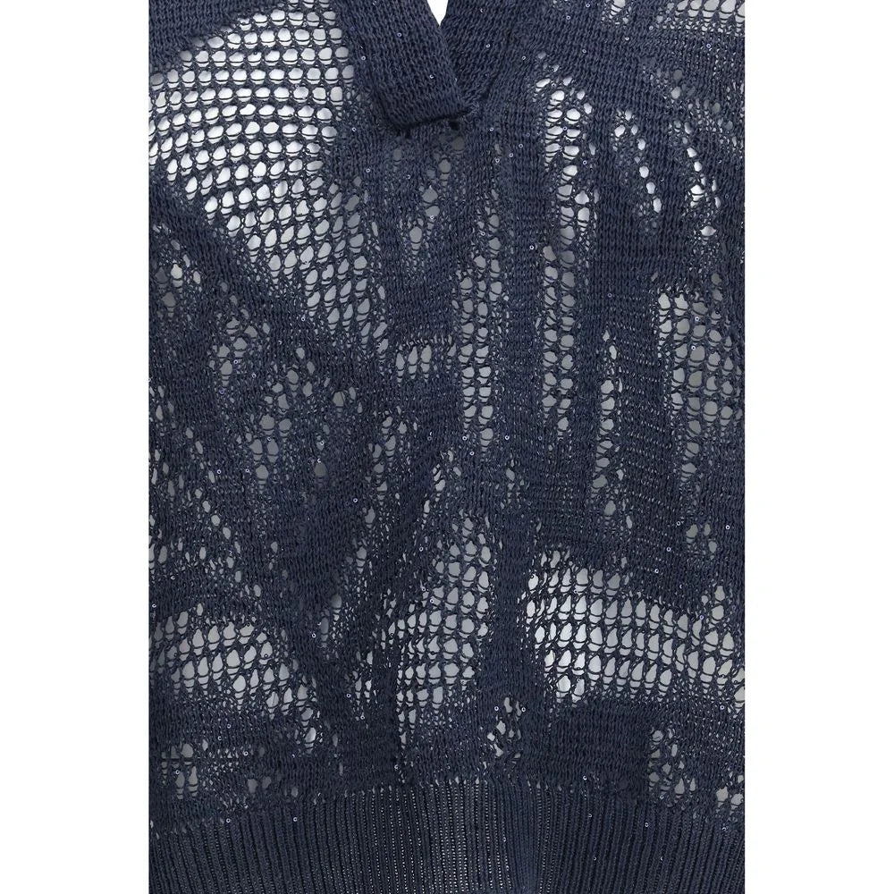 Brunello Cucinelli Modré lněné polo tričko