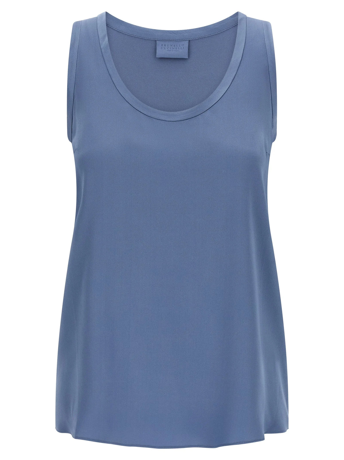 Brunello Cucinelli Blue Silk Sleeveles T-Shirt - S