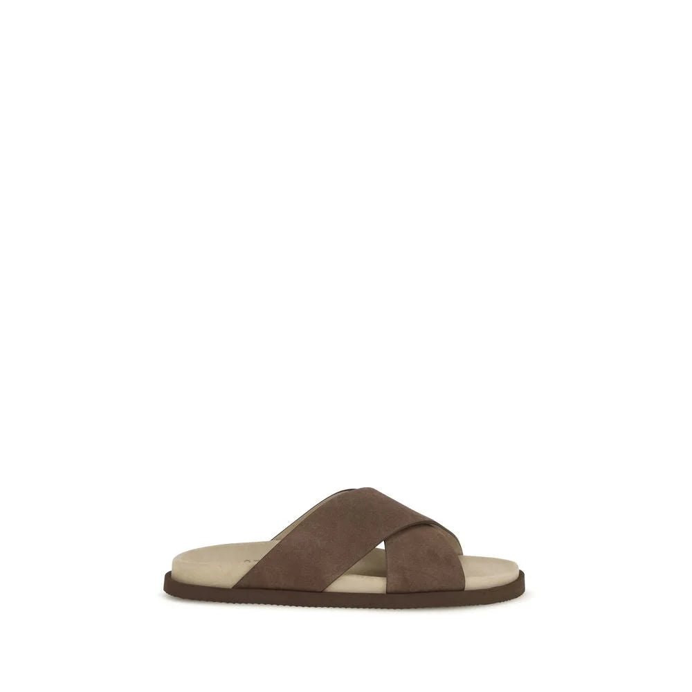 Brunello Cucinelli Brown Calf Leather Bos Taurus Flat Sandals