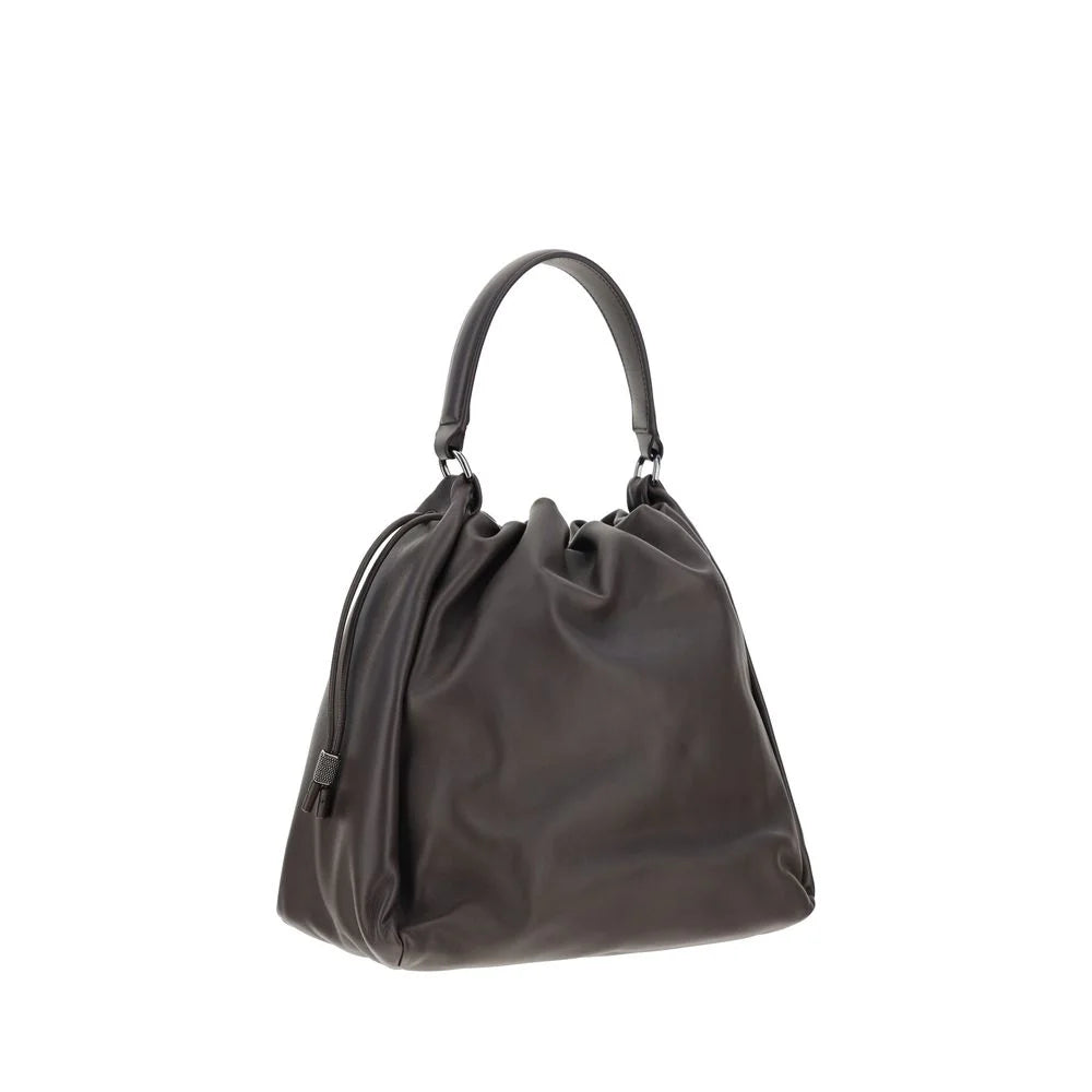 Brunello Cucinelli Brown Calf Leather Bos Taurus Shoulder Bag