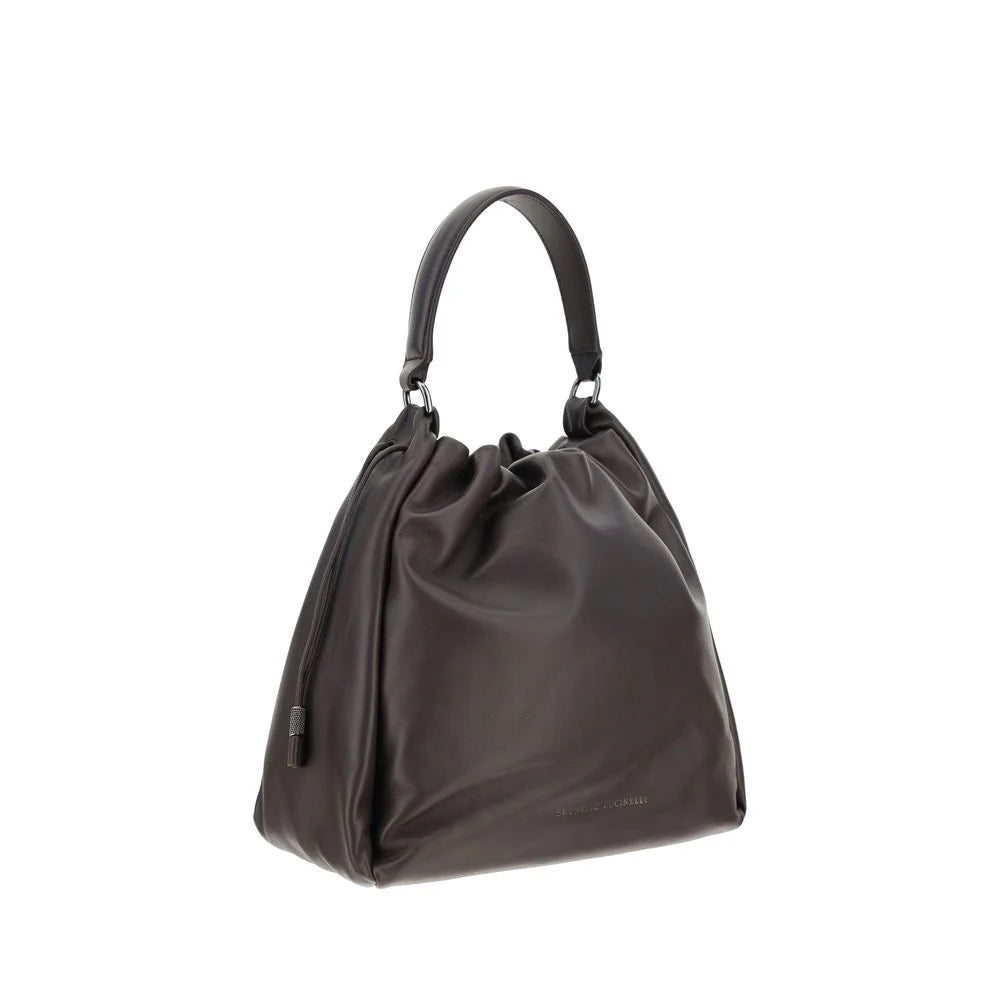 Brunello Cucinelli Brown Calf Leather Bos Taurus Shoulder Bag