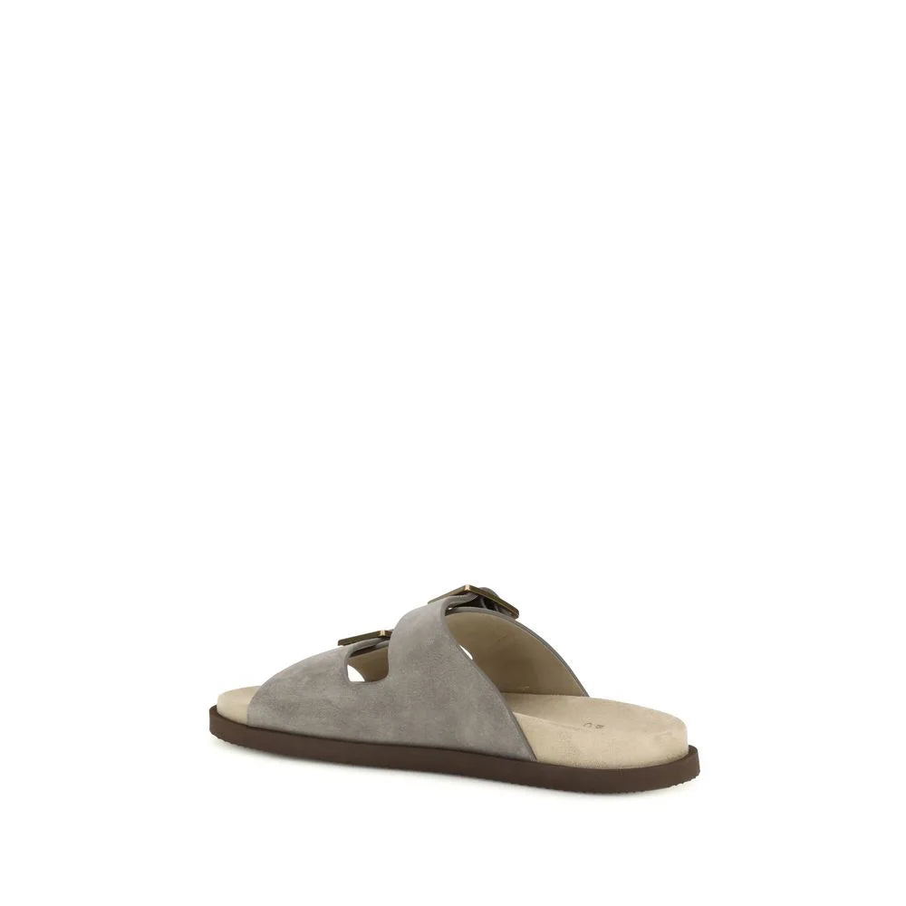 Brunello Cucinelli Gray Calf Leather Bos Taurus Flat Sandals