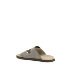 Brunello Cucinelli Gray Calf Leather Bos Taurus Flat Sandals