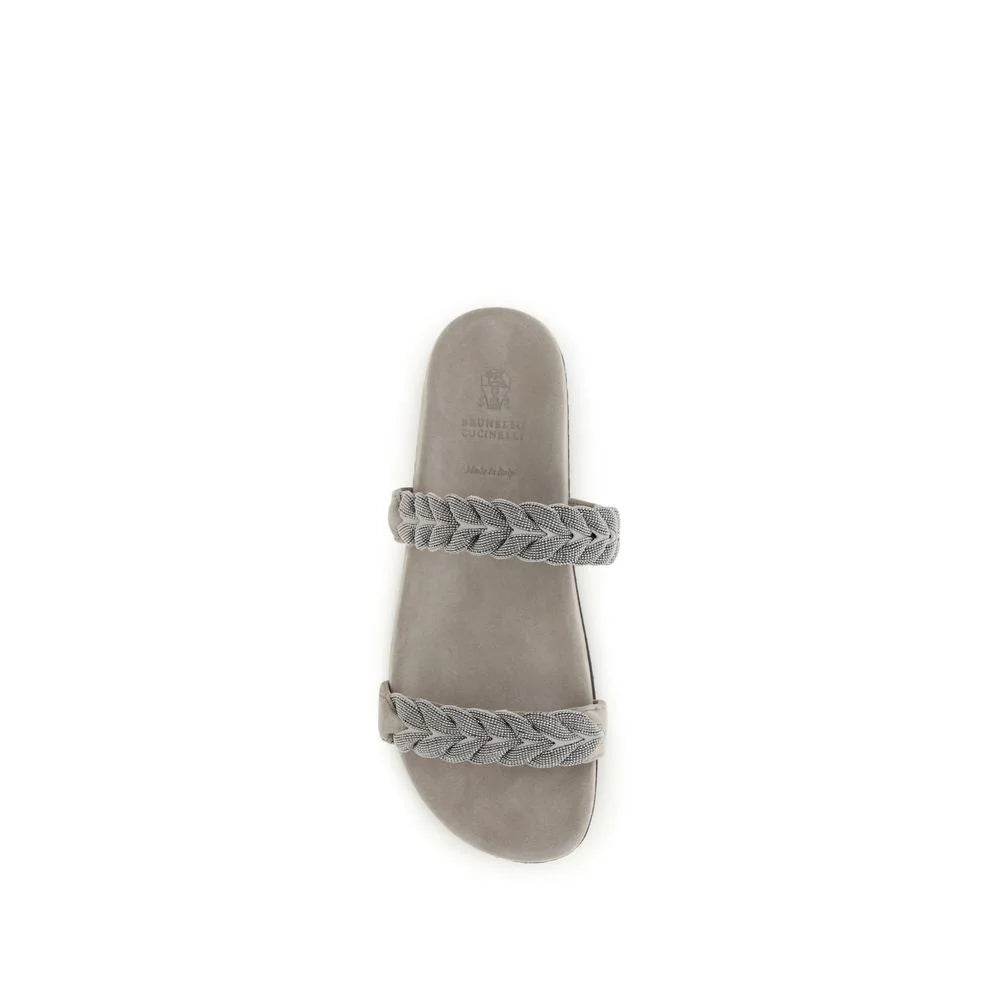 Brunello Cucinelli Gray Calf Leather Bos Taurus Flat Sandals