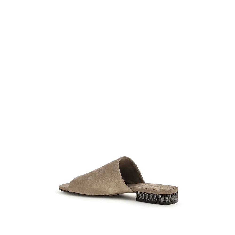 Brunello Cucinelli Gray Calf Leather Bos Taurus Flat Sandals