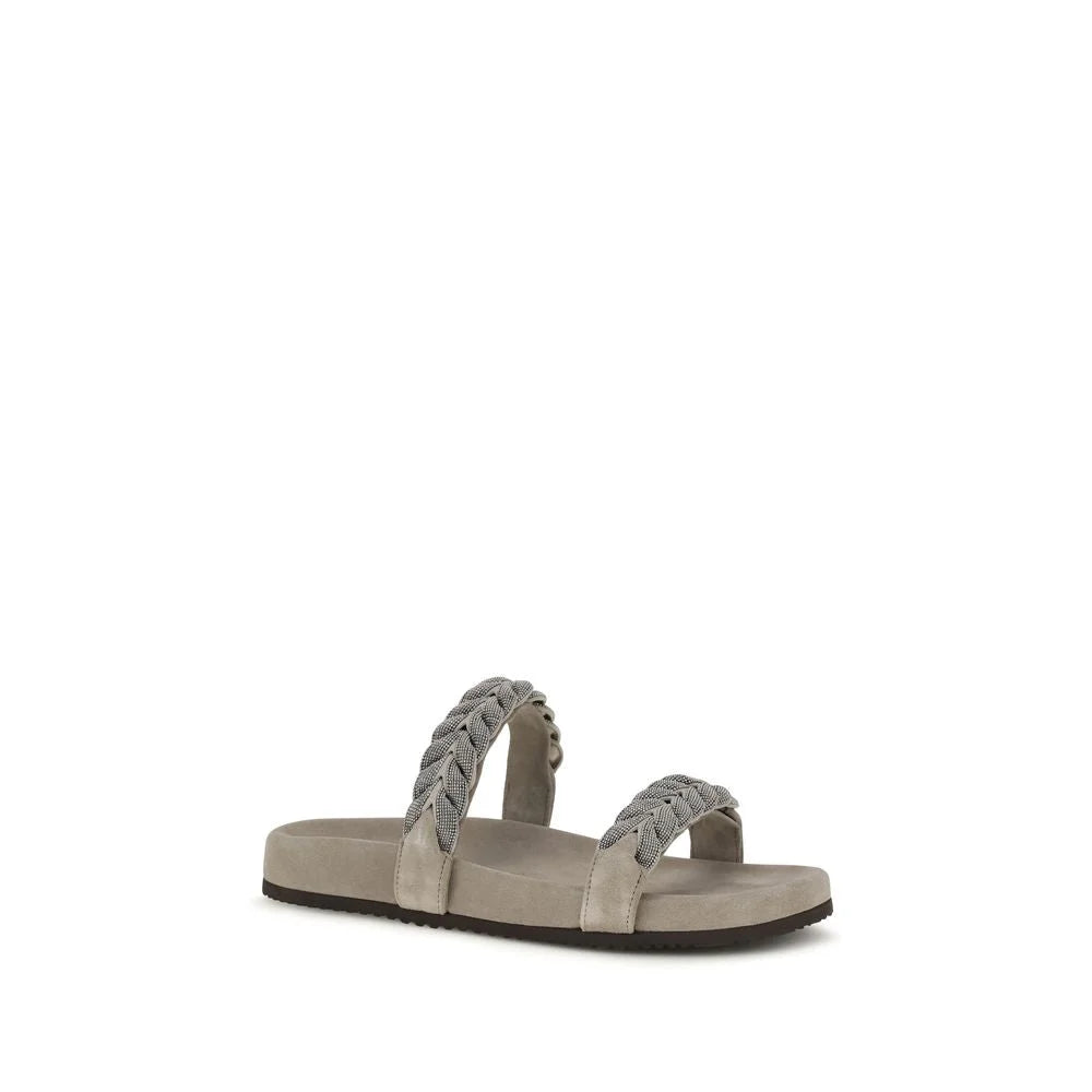 Brunello Cucinelli Gray Calf Leather Bos Taurus Flat Sandals