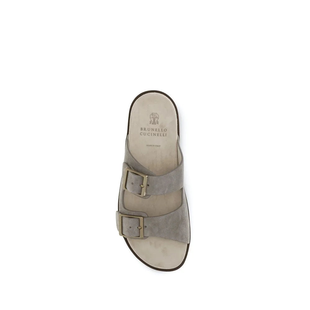 Brunello Cucinelli Gray Calf Leather Bos Taurus Sandals