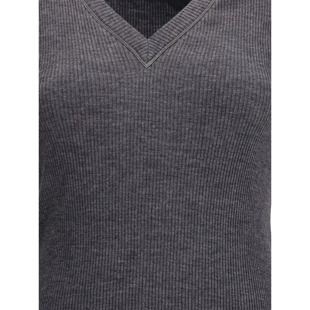 Brunello Cucinelli Long sleeve wool ribbed jersey T-shirt with shiny trim