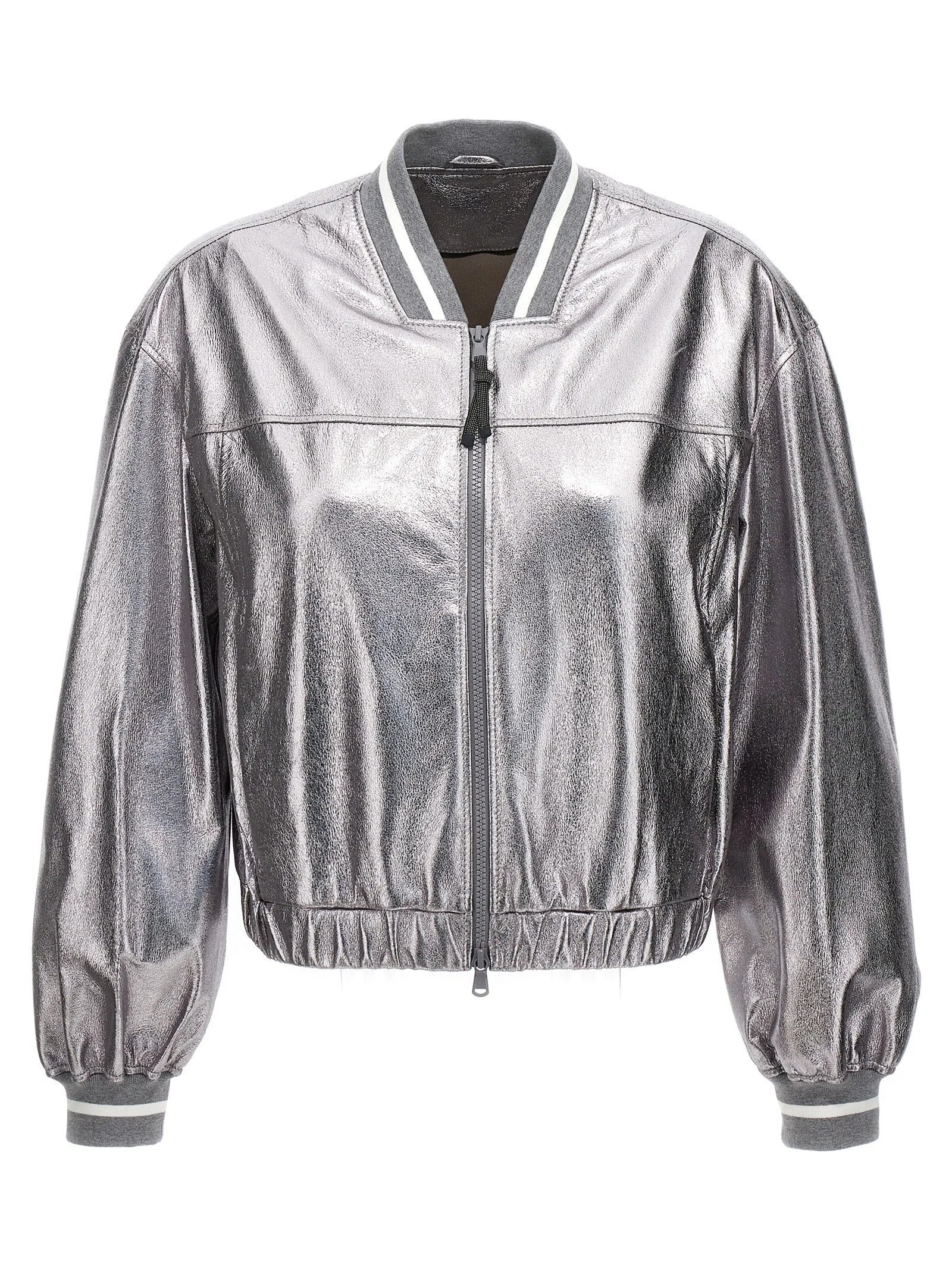 Brunello Cucinelli Silver Leather Bomber - IT42