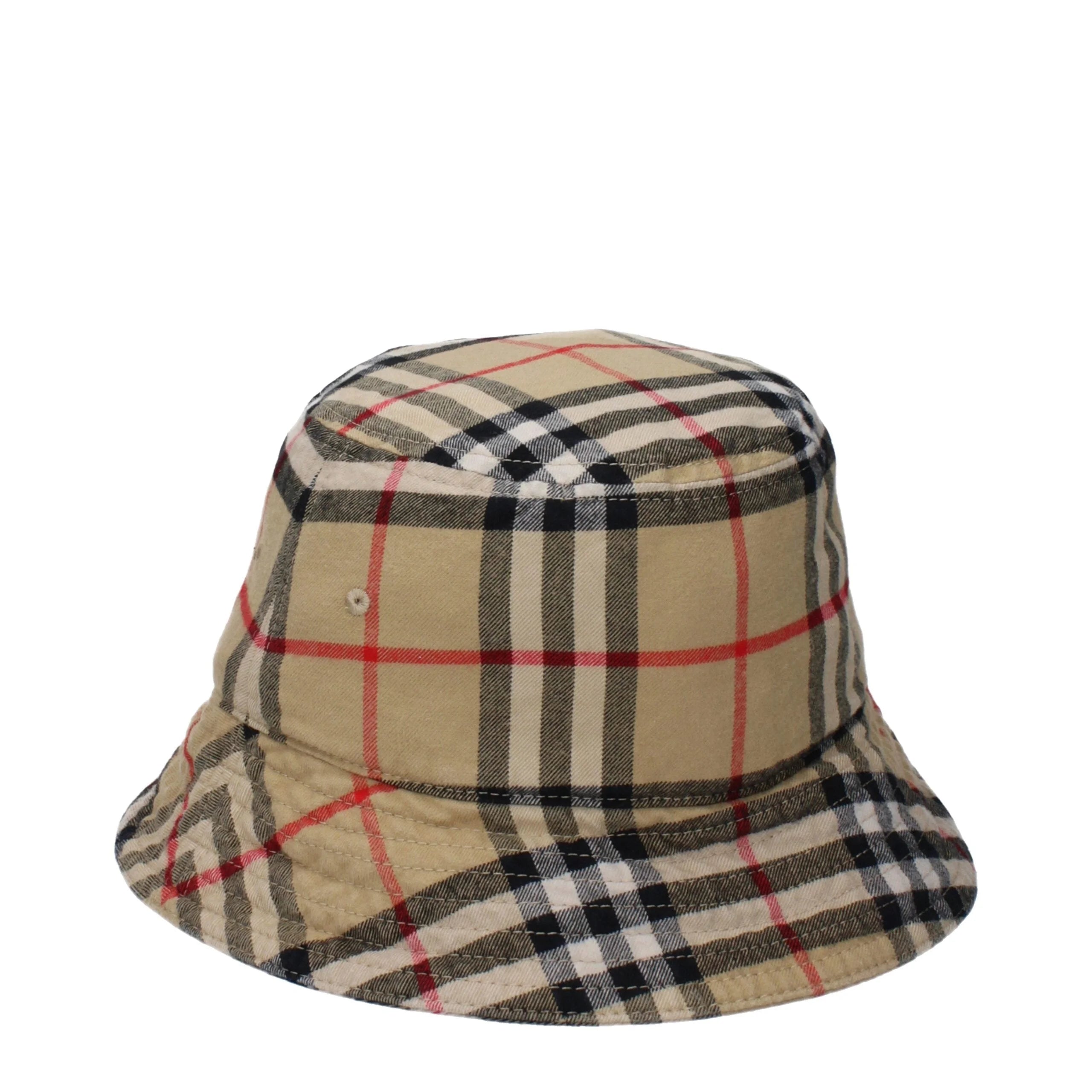 Side view of the Burberry cotton bucket hat in beige check, showing the precision stitching and refined brim detail.
