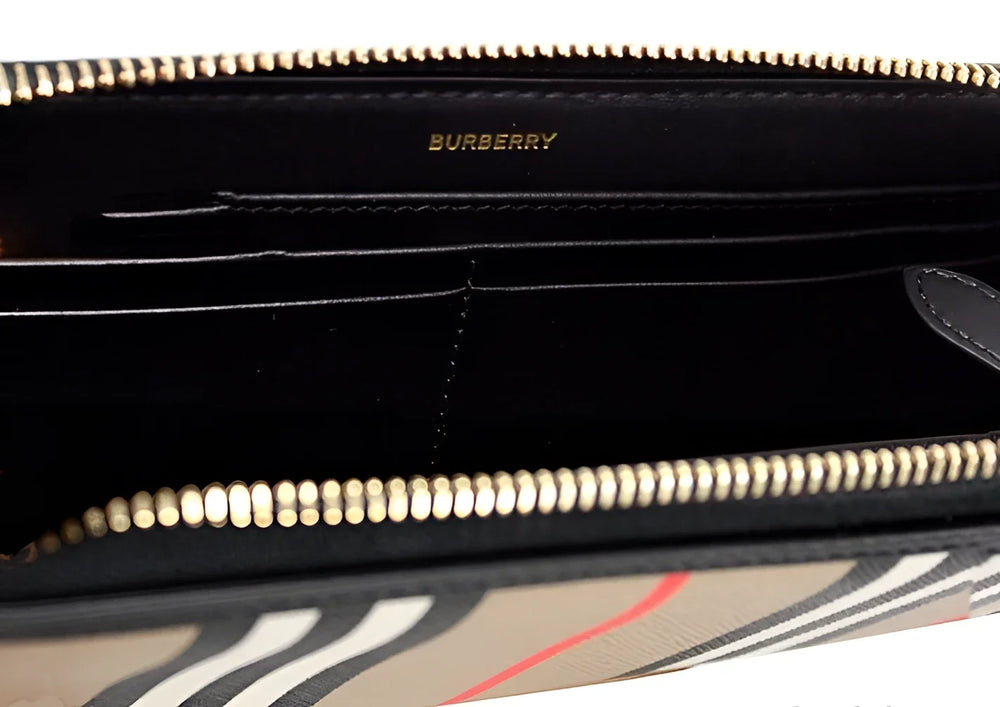 Burberry Ellerby Black Leather Icon Stripe Canvas Zip Around Continental Wallet - Wallets