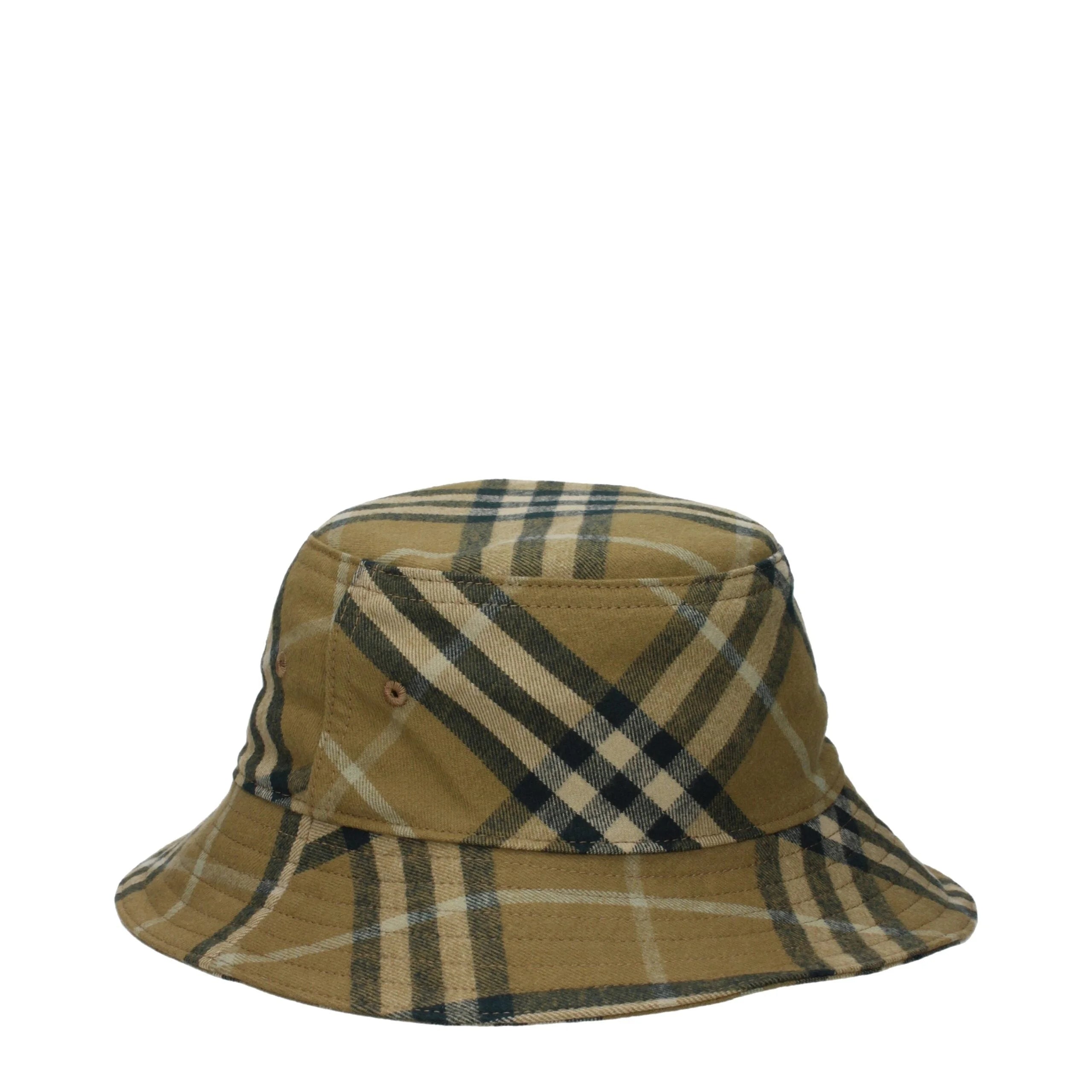 Vooraanzicht van een Burberry groene katoenen bucket hat met het iconische ton-sur-ton geborduurde logo en een gestructureerde rand.