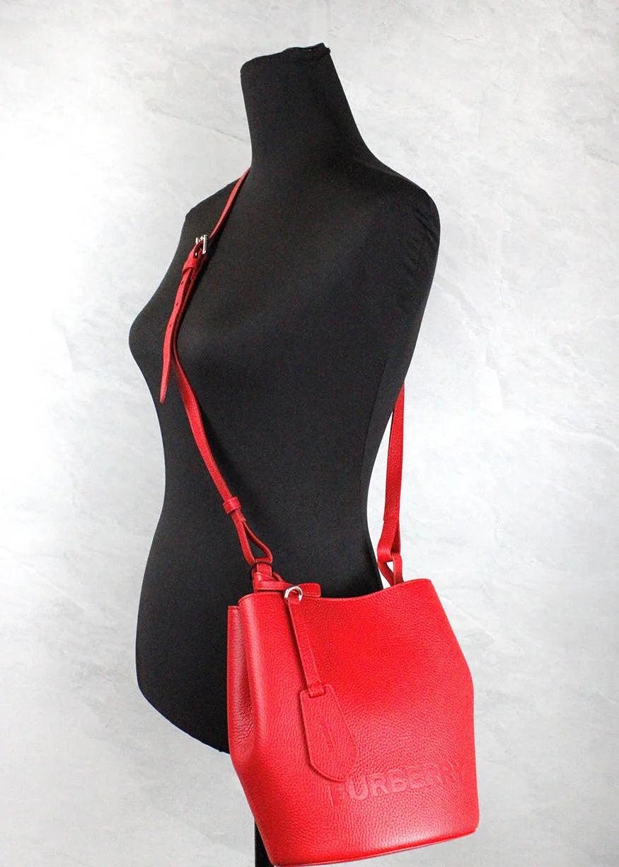 Burberry Lorne Small Red Pebbled Leather Bucket Crossbody Purse Bag - Bucket Bags