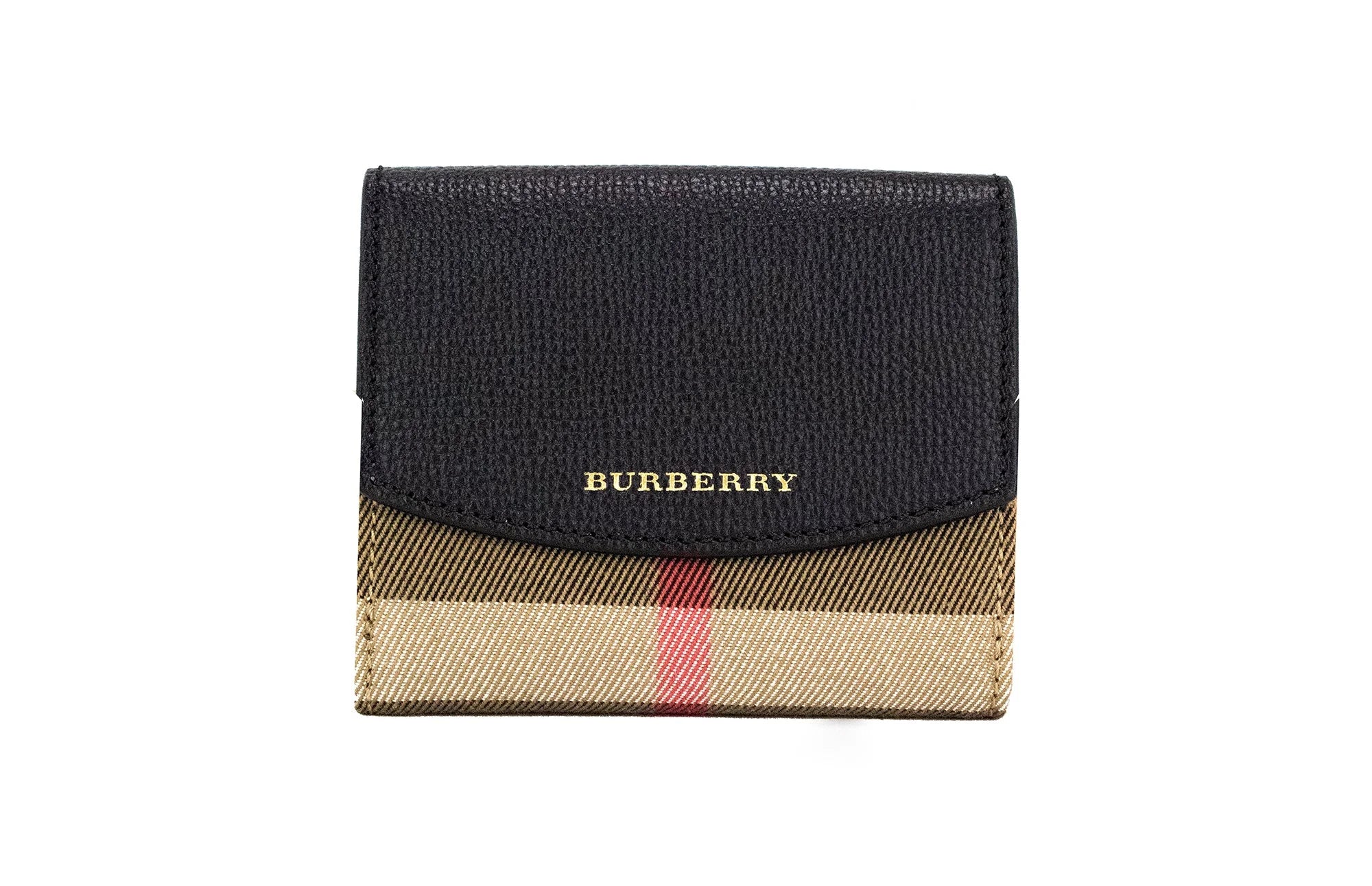 Burberry Luna Black Grained Leather House Check Canvas Coin Pouch Snap Wallet - Wallets