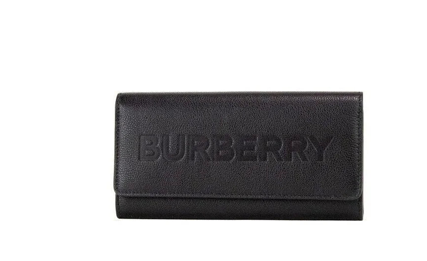 Burberry Porter Black Grained Leather Branded Logo Embossed Clutch Flap Wallet - Wallets