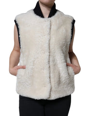 Burberry White WARRENFORD Shearling Leather Vest Coat Jacket - IT44 | L - Vests