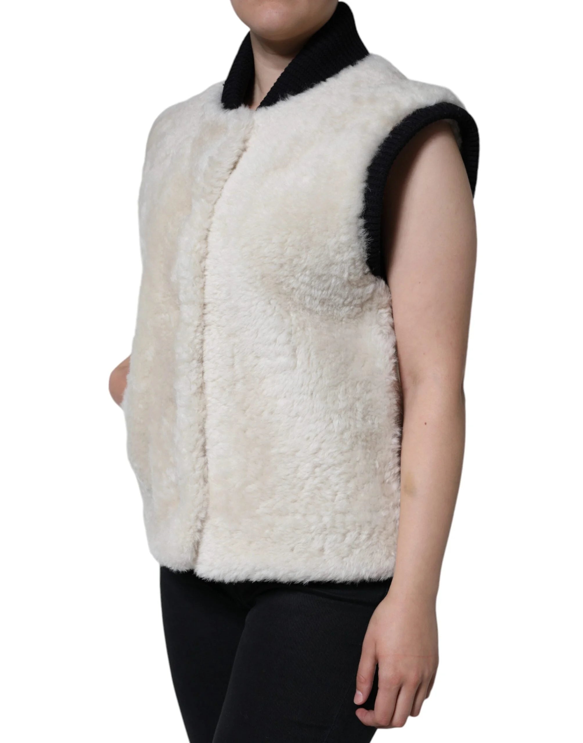 Burberry White WARRENFORD Shearling Leather Vest Coat Jacket - IT44 | L - Vests