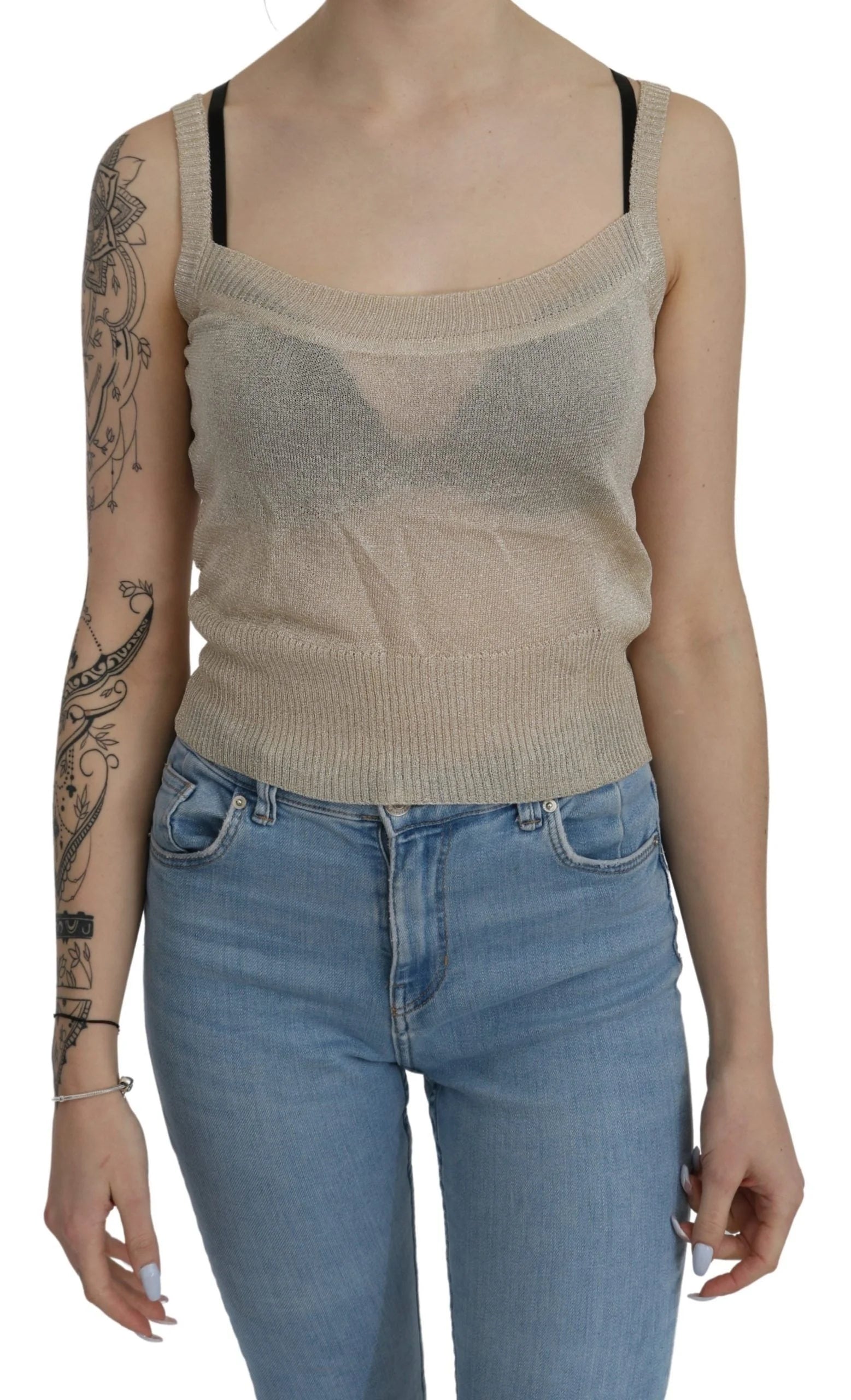 BYBLOS Beige Sleeveless Spaghetti Strap Tank See Through Top - Tank Tops