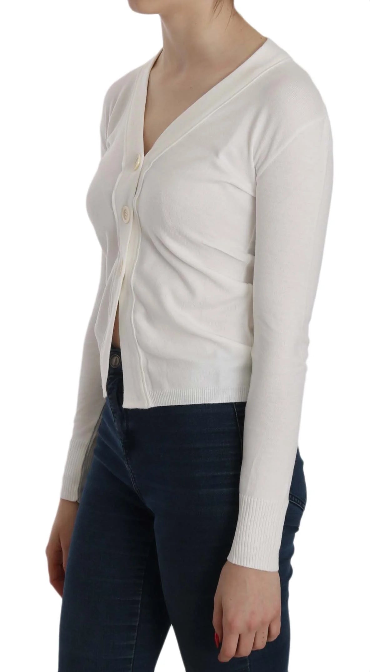 BYBLOS White V-neck Long Sleeve Cropped Cardigan Tops Sweater - Cardigans