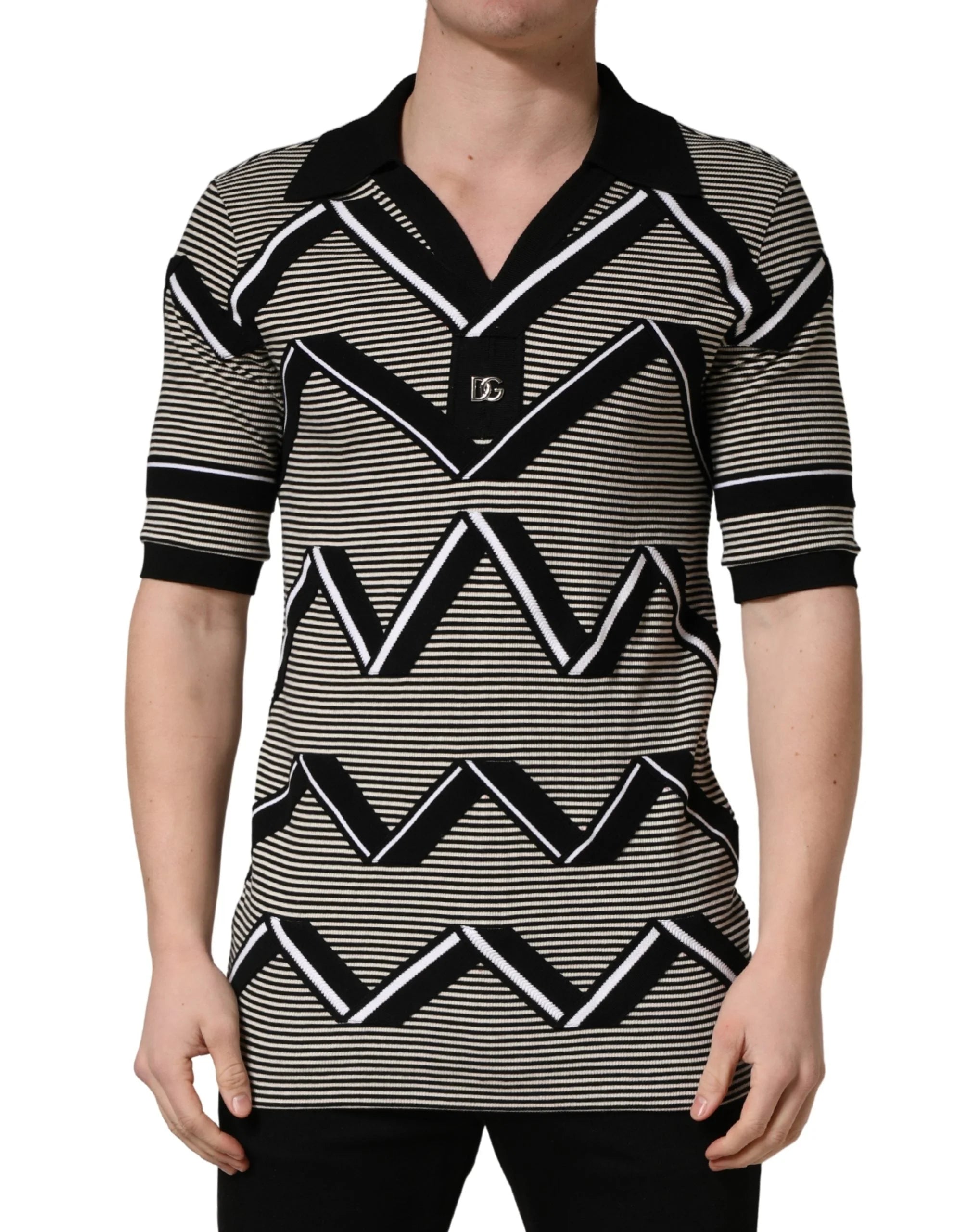 Dolce & Gabbana Black White Zigzag Pattern Cotton Men Polo T-shirt - IT54 | XL