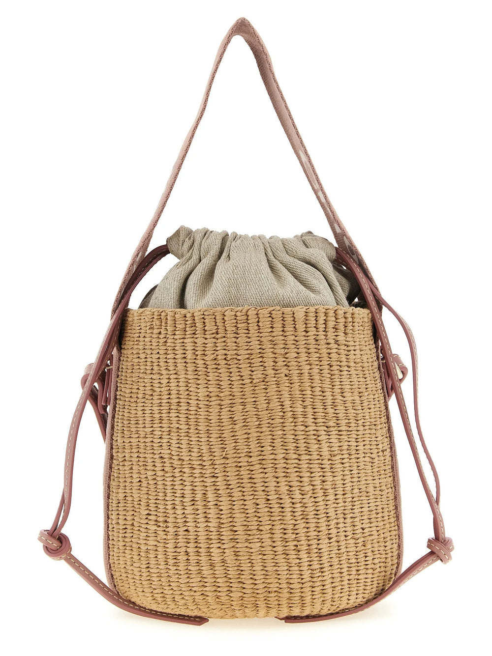 Vista frontal de un bolso de papel beige de Chloé con mangos estructurados en la parte superior y una silueta minimalista y elegante.