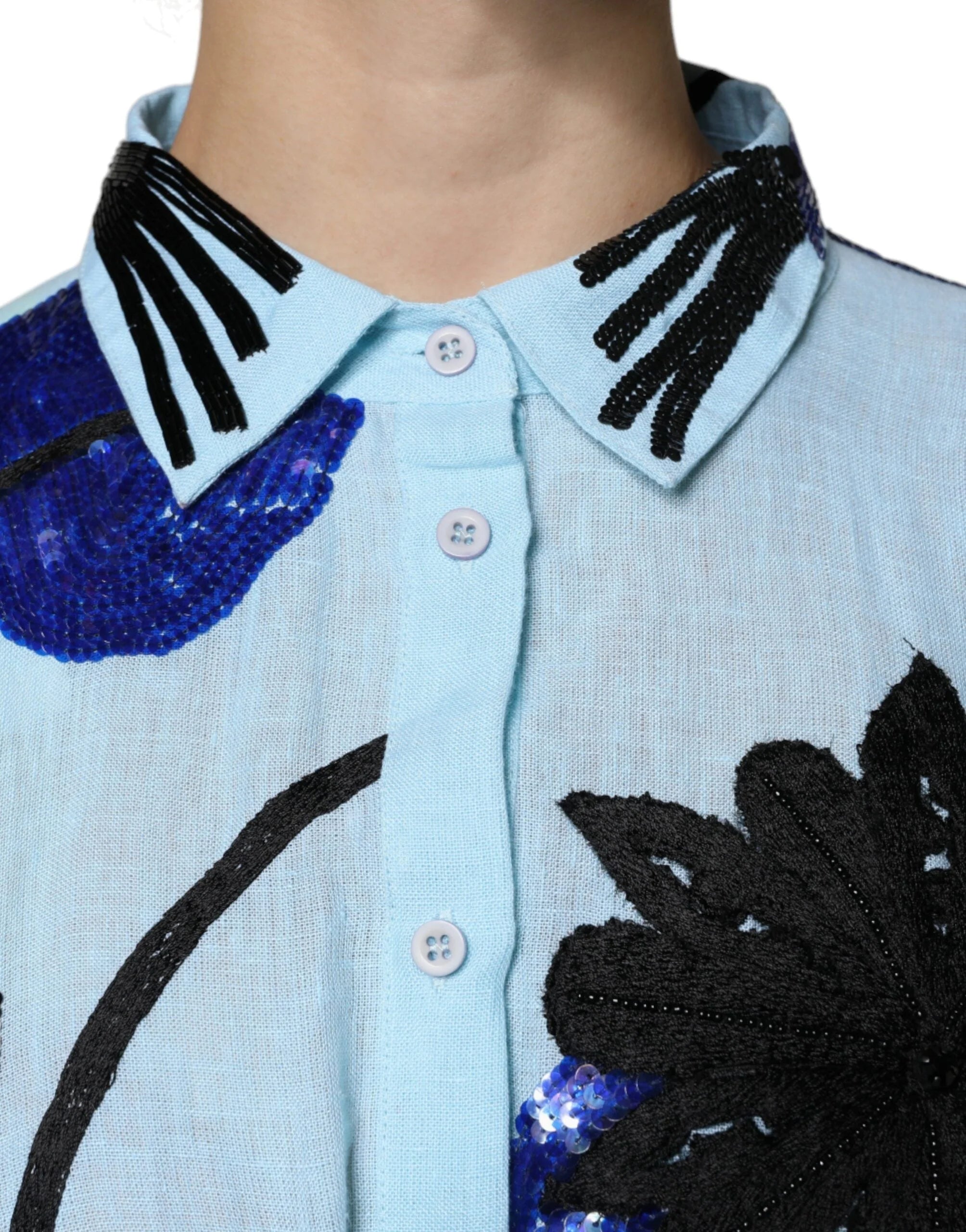 Christian Pellizzari Light Blue Floral Embellished Shirt Maxi Dress - IT42|M - Dresses