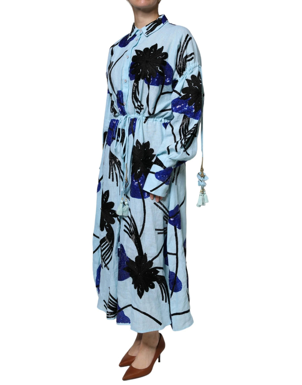 Christian Pellizzari Light Blue Floral Embellished Shirt Maxi Dress - IT42|M - Dresses
