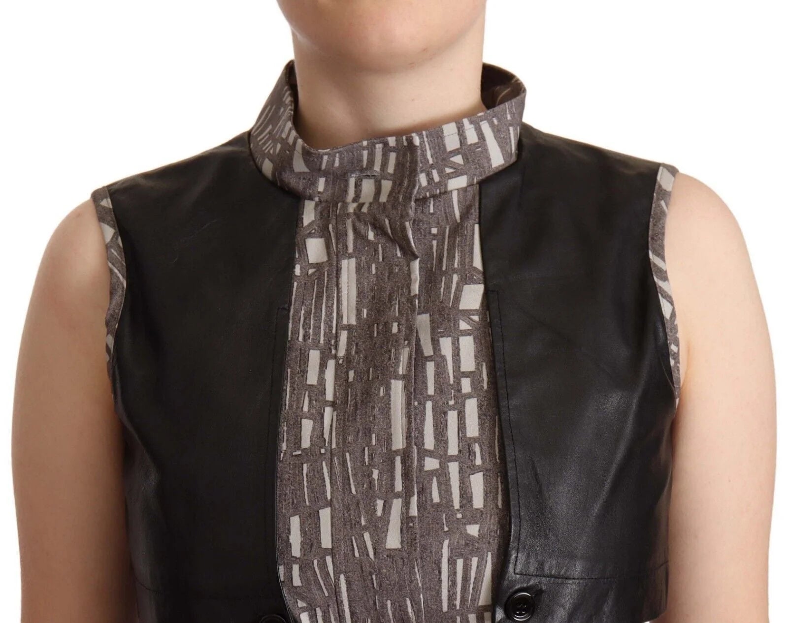 Comeforbreakfast Brown Black Vest Leather Sleeveless Top Blouse - IT40|S - Blouses