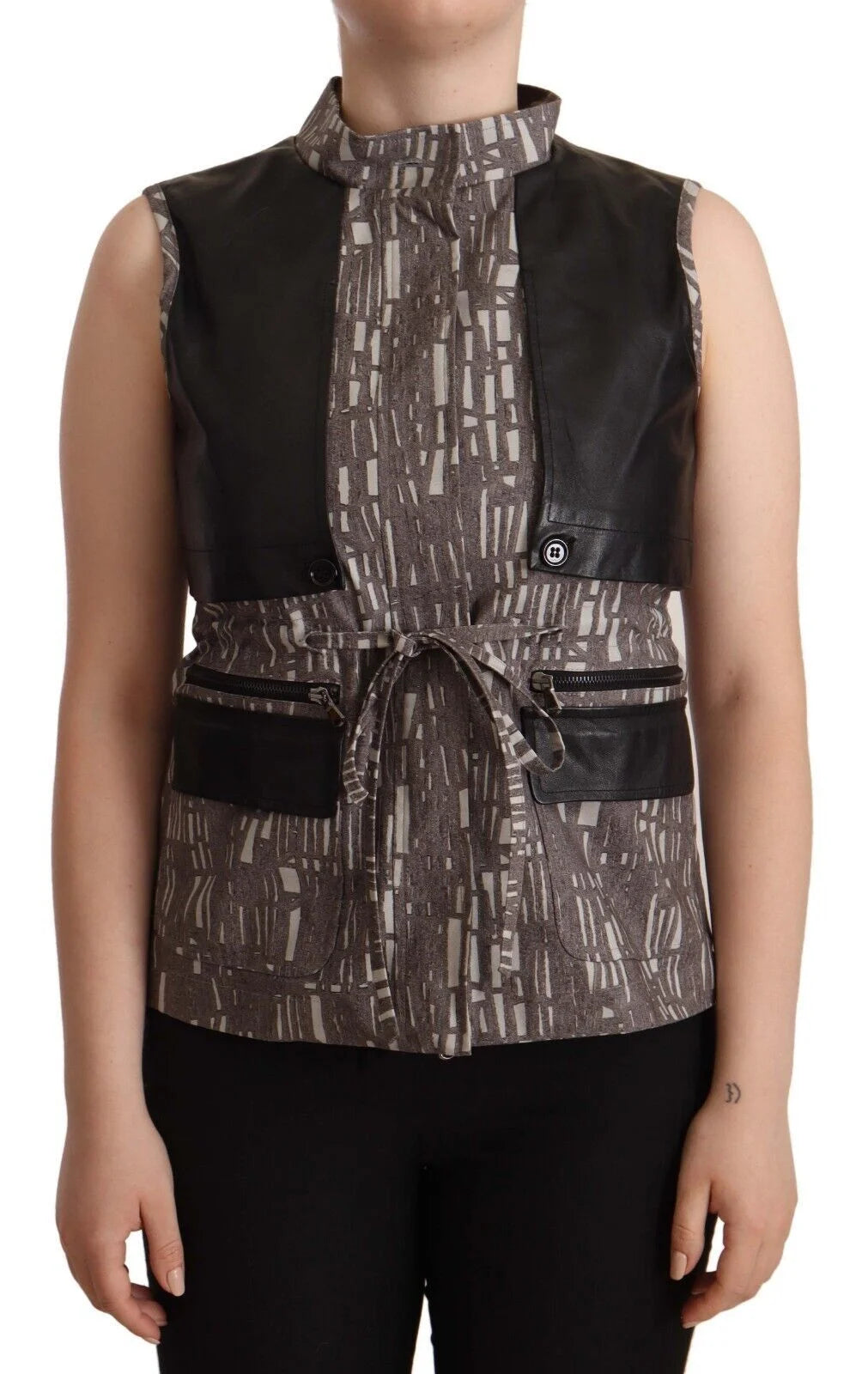 Comeforbreakfast Brown Black Vest Leather Sleeveless Top Blouse - IT40|S - Blouses