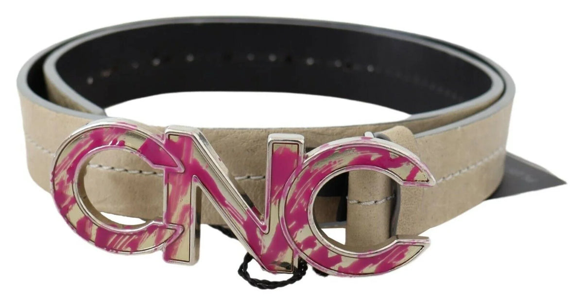 Costume National Beige Leather Pink Letter Logo Buckle Belt - 80 cm / 32 Inches - Belts