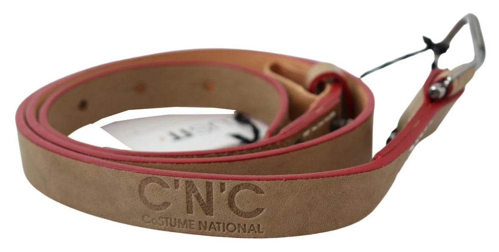Costume National Beige Leather Silver Logo Buckle Waist Belt - 85 cm / 34 Inches - Belts