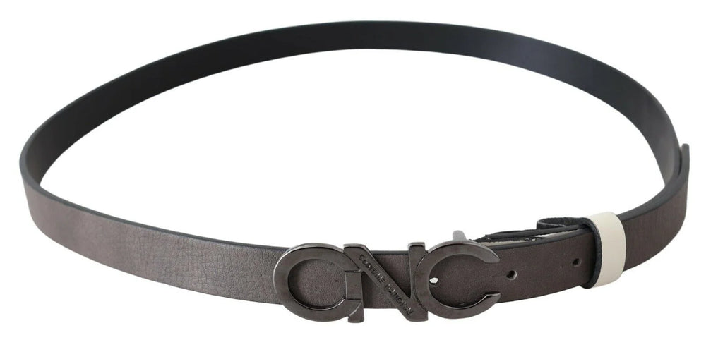 Costume National Belt Mettalic Gray Leather Logo Belt - 85 cm / 34 Inches - Belts