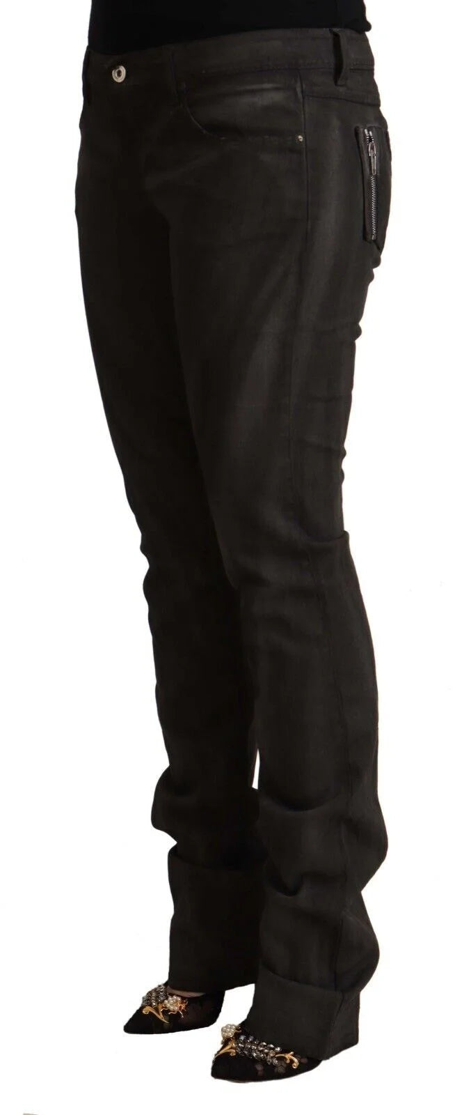 Costume National Black Cotton Mid Waist Skinny Pants - Trousers