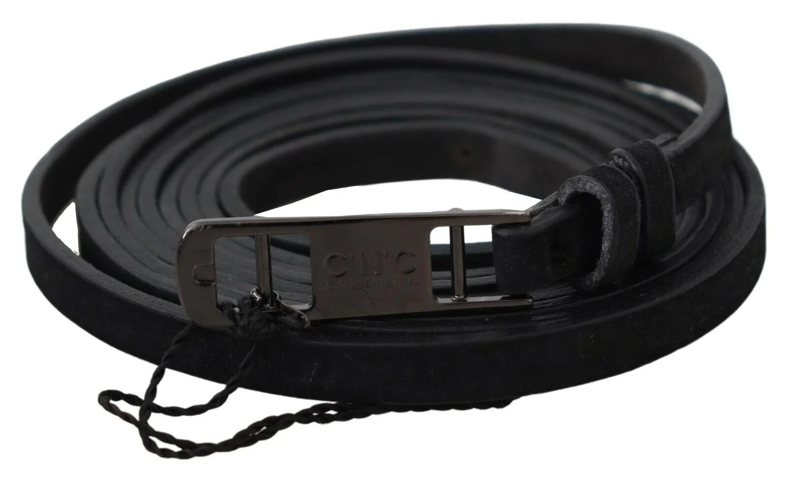 Costume National Black Leather Skinny Logo Buckle Belt - 100 cm / 40 Inches - Belts