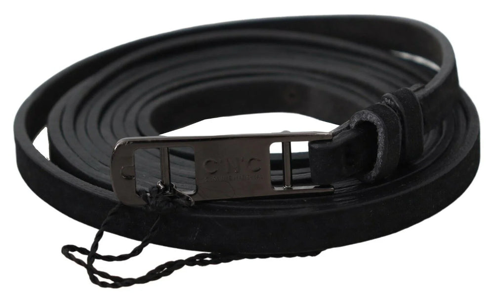 Costume National Black Leather Skinny Logo Buckle Belt - 100 cm / 40 Inches - Belts