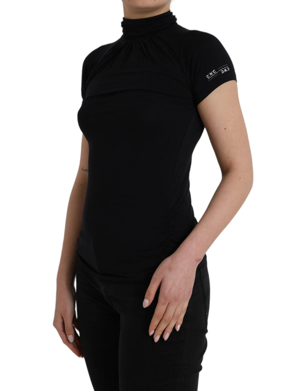 Costume National Black Turtleneck Viscose Short Sleeve Top - S - Sweaters