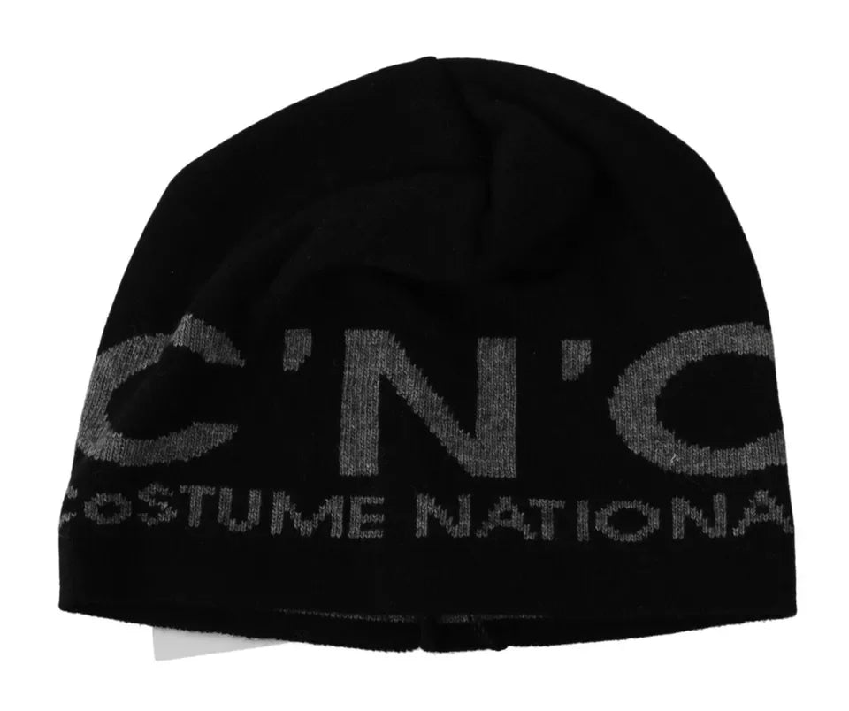 Costume National Black Wool Blend Branded Beanie Hat - Beanies