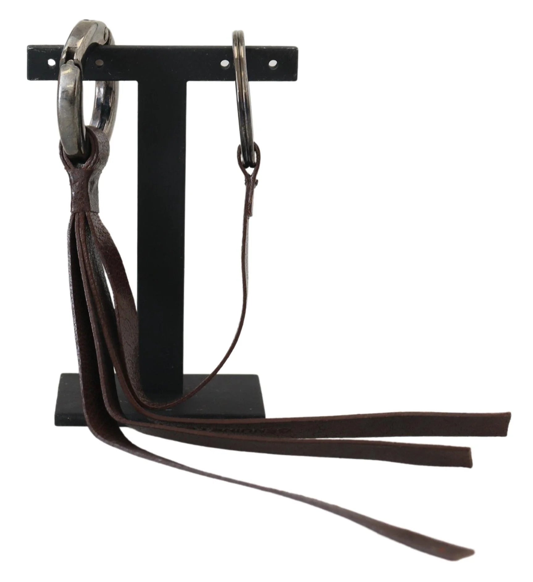 Costume National Brown Leather Silver Tone Metal Keyring Keychain - Keychains