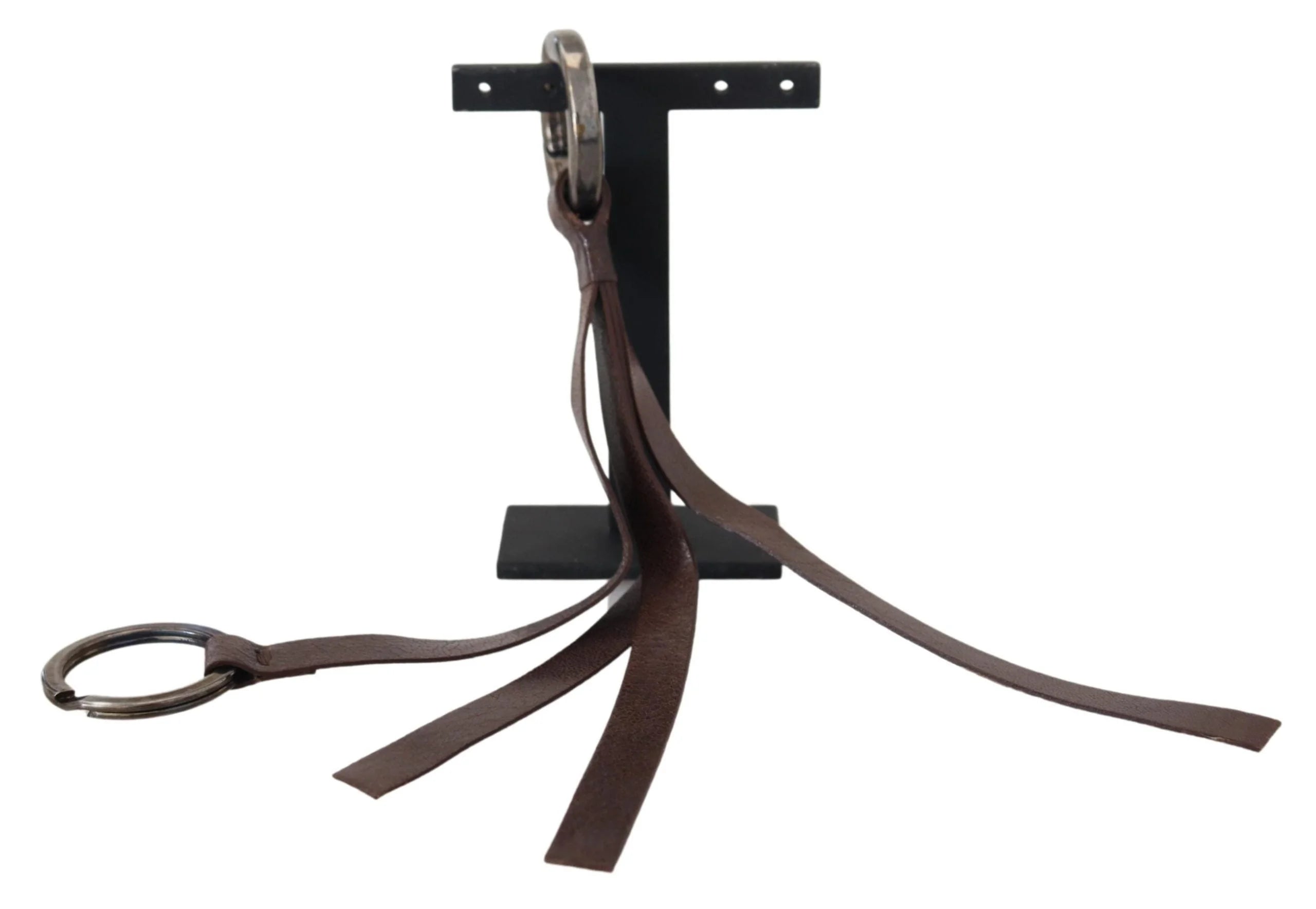 Costume National Brown Leather Silver Tone Metal Keyring Keychain - Keychains