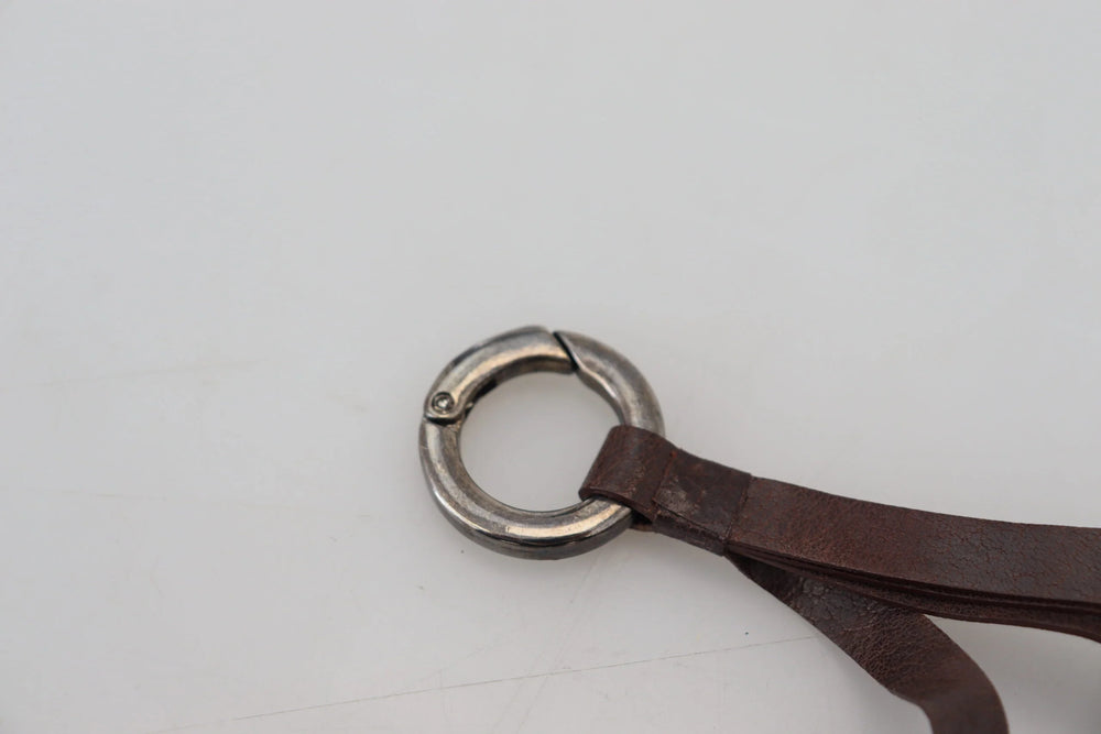 Costume National Brown Leather Silver Tone Metal Keyring Keychain - Keychains