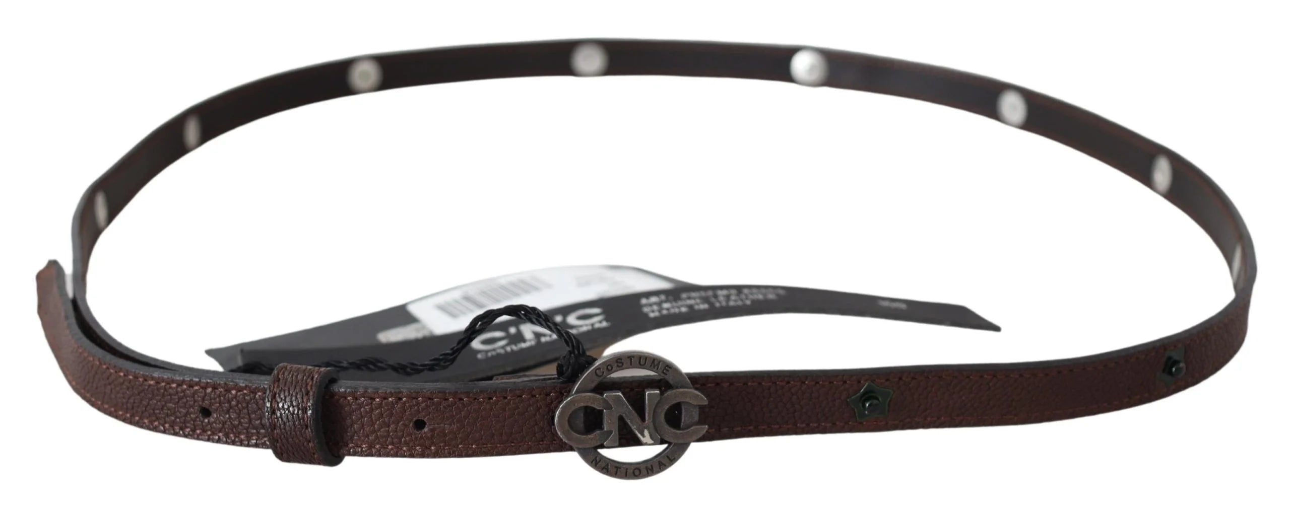 Costume National Brown Skinny Leather Round Logo Buckle Belt - 100 cm / 40 Inches - Belts