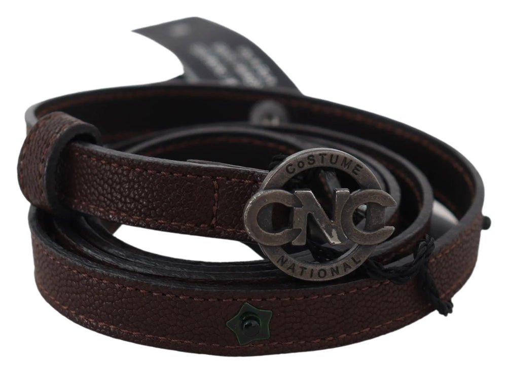 Costume National Brown Skinny Leather Round Logo Buckle Belt - 100 cm / 40 Inches - Belts