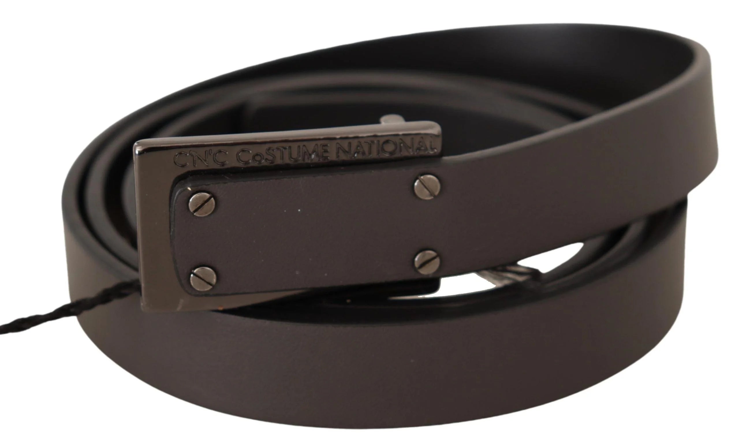 Costume National Dark Brown Leather Logo Buckle Belt - 100 cm / 40 Inches - Belts