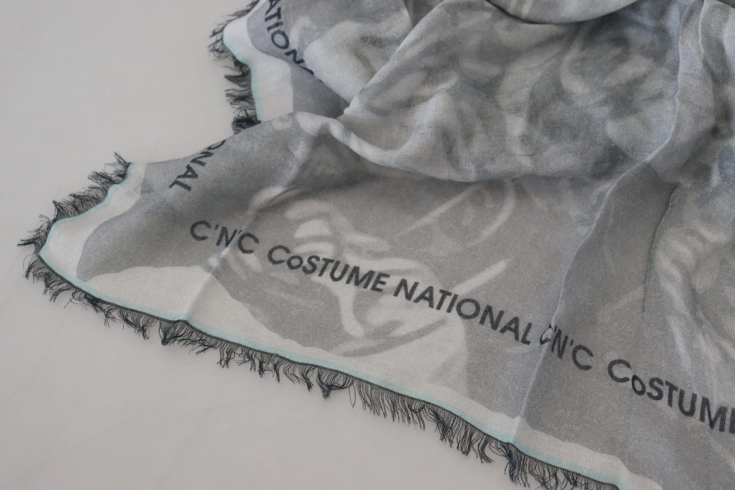 Costume National Gray Print Shawl Foulard Fringes Scarf - Scarves & Shawls