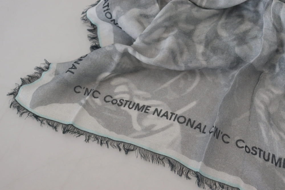 Costume National Gray Print Shawl Foulard Fringes Scarf - Scarves & Shawls