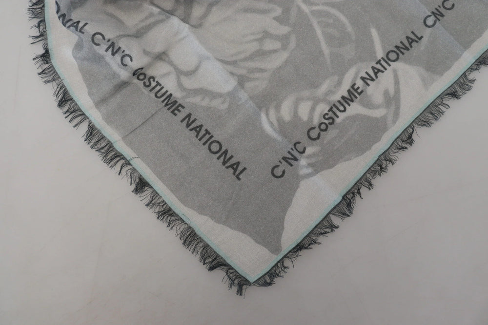 Costume National Gray Print Shawl Foulard Fringes Scarf - Scarves & Shawls