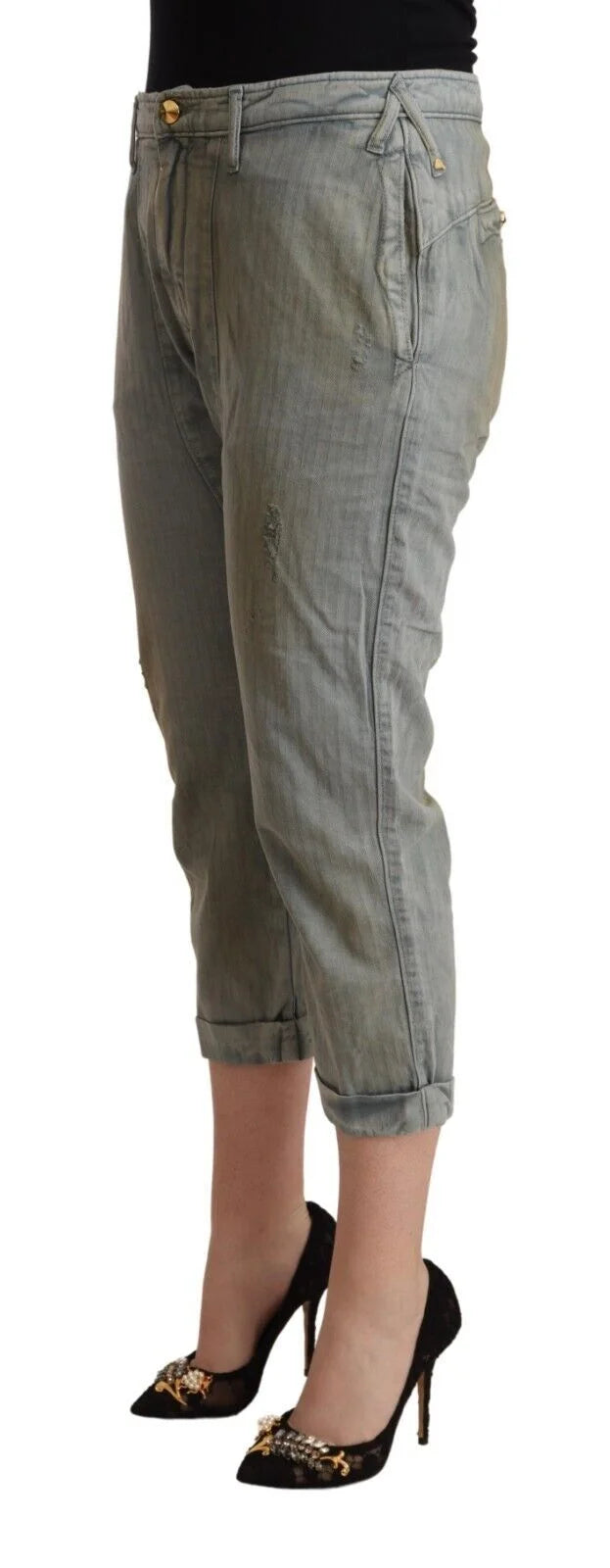 CYCLE Gray 100% Cotton Mid Waist Skinny Cropped Pants - Trousers