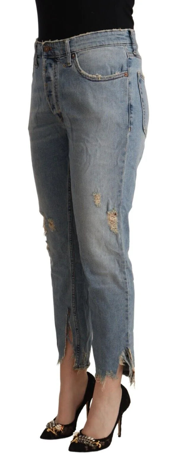 CYCLE Light Blue Distressed Mid Waist Cropped Denim Jeans - W34 - Jeans