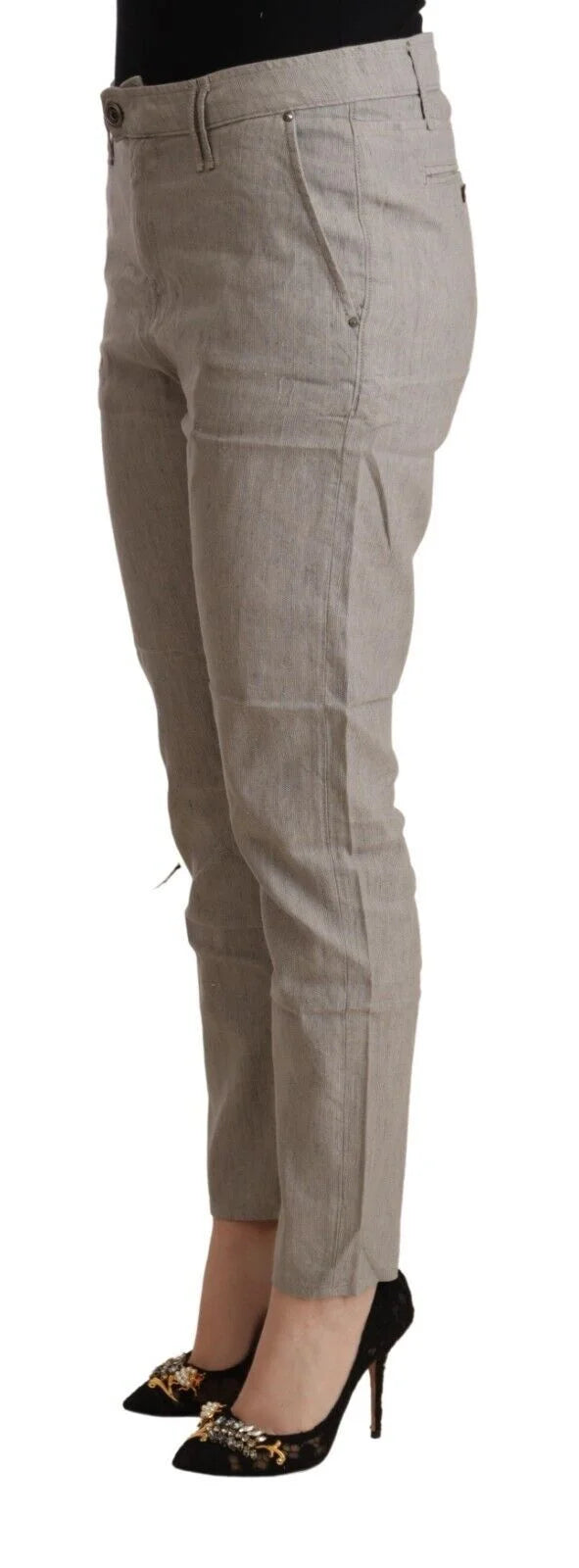CYCLE Light Gray Linen Blend Mid Waist Tapered Pants - Trousers